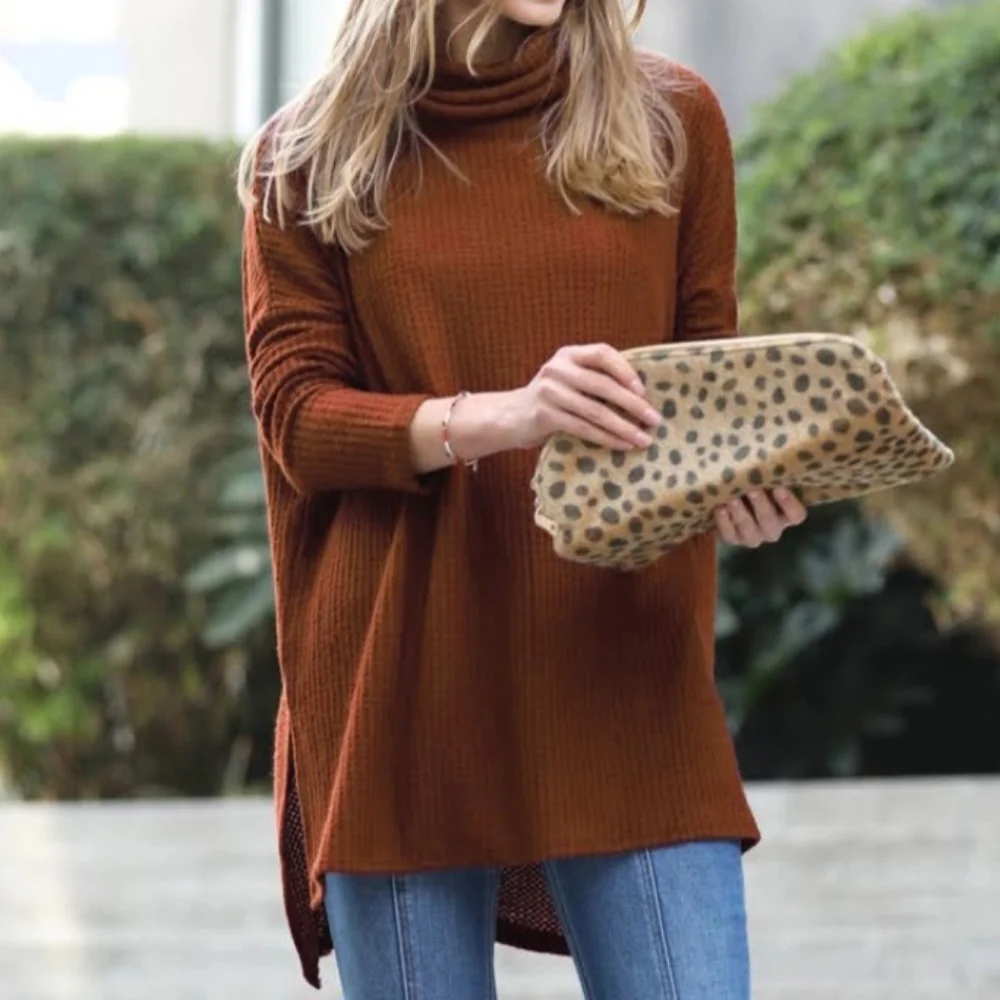 📢SALE! BOHO CHIC  Brushed Thermal Waffle Cowl Neck Hi-Low Sweater Top - Picture 3 of 3